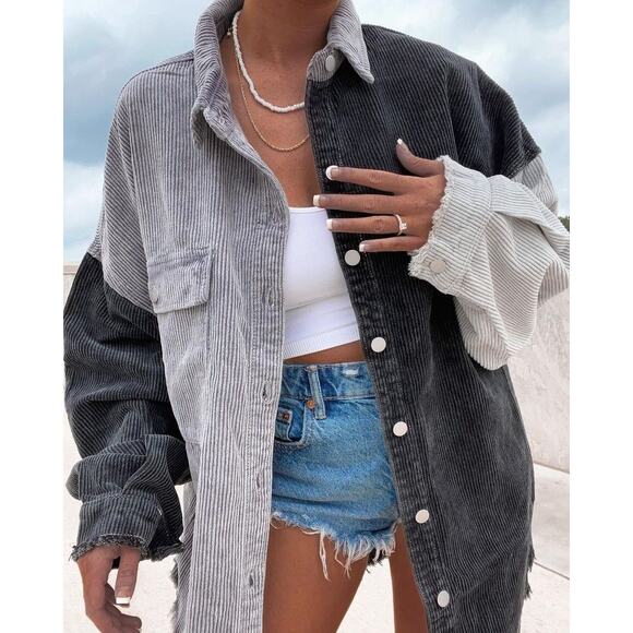 POL Corduroy Colorblock Black Gray Shacket Button Down Oversized Size Large - Picture 3 of 16